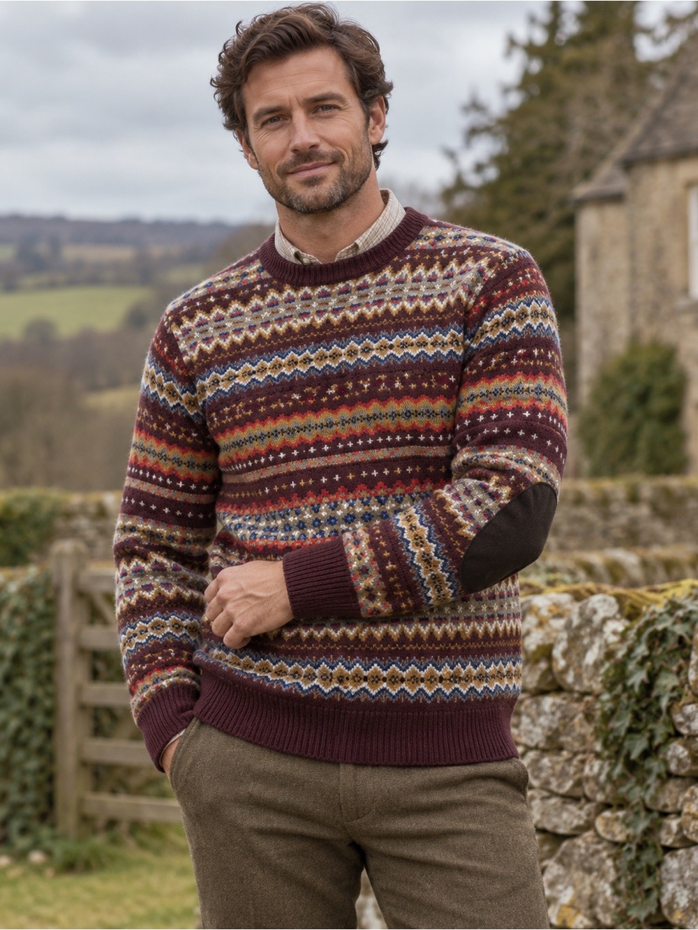 Barbour Beacon Brand Fair Isle Wool Elbow Patch Sweater Burgundy Medium